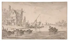 Paysage fluvial animé de barques by Jan van Goyen, Crayon noir, sold Mar 2026