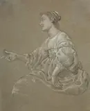 Femme assise le bras tendu, regardant vers la gauche by Jacob Adriaensz Backer, Pierre noire et craie blanche sur papier bleu, sold Mar 2026