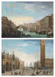 Vue du Grand-Canal avec le pont du Rialto et Vue de la Piazzetta avec la basilique Saint-Marc, Venise by Giuseppe Bernardino Bison, Paire de gouaches, l'une avec rehauts d'or, sold Mar 2026