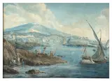 Vue de la baie de Catane en Sicile avec l'Etna dans le fond by Abraham-Louis-Rodolphe Ducros, Aquarelle gouachée sur traits de plume et encre brune, sold Mar 2026