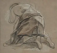 Figure agenouillée, vue de dos, tournée vers la gauche by Antoine Coypel, Pierre noire, sanguine et rehauts de blanc sur papier gris, sold Mar 2026