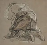 Figure agenouillée, vue de dos, tournée vers la gauche by Antoine Coypel, Pierre noire, sanguine et rehauts de blanc sur papier gris, sold Mar 2026
