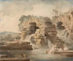 Lavandières près d'une architecture antique by Hubert Robert, Aquarelle sur traits de plume et encre brune, sold Mar 2026