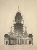 Coupe prise au milieu de l'arc de la colonnade circulaire du Chêne (?), d'un arc triomphal by Jean-Jacques Lequeu, Lavis gris et rose, plume et encre noire sur traits de crayon, sold Mar 2026
