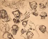Etudes de vieilles femmes et grotesques, d'après les planches 46-47-48-49-51 de la série des Caprices de Goya by Eugène Delacroix, Plume et encre brune, sold Mar 2026