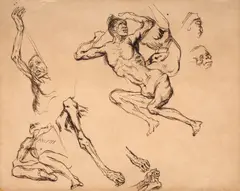 Vieille femme nue, têtes et bras, d'après la planche 59 de la série des Caprices de Goya by Eugène Delacroix, Plume et encre brune, sold Mar 2026