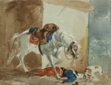 Le trompettiste blessé by Horace Vernet, Aquarelle et lavis gris sur traits de crayon sur papier bleu, sold Mar 2026