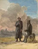 Deux hommes discutant dans un paysage by Jean-Pierre Houël, Gouache et aquarelle, sold Mar 2026