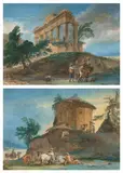 Paysans devant le Temple de Saturne dans le forum romain et Troupeau devant le Temple d’Hercule Victor by Jean-Pierre Houël, Paire de gouaches, sold Mar 2026