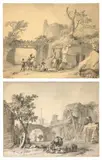 Halte de cavaliers près de ruines et Jeunes femmes au repos devant l’entrée d’un village by Jean-Pierre Houël, Plume et encre grise, lavis gris et rehauts de gouache sur traits de crayon, sold Mar 2026