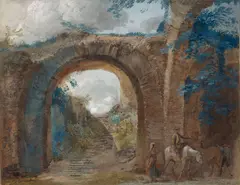 Cavaliers sous une arche en ruines by Jean-Pierre Houël, Gouache et aquarelle, sold Mar 2026
