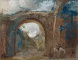 Cavaliers sous une arche en ruines by Jean-Pierre Houël, Gouache et aquarelle, sold Mar 2026