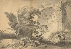Deux jeunes femmes près du temple de Vénus et de Rome dans le forum romain by Jean-Pierre Houël, Plume et encre grise, lavis gris, sold Mar 2026