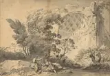 Deux jeunes femmes près du temple de Vénus et de Rome dans le forum romain by Jean-Pierre Houël, Plume et encre grise, lavis gris, sold Mar 2026