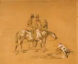 Cavalier et amazone au bord de la mare by Alfred de Dreux, Crayon noir et gouache blanche, sold Mar 2026
