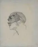 Recto : Tête d'homme masqué ; Verso : Deux études de têtes d'hommes masqués by Thomas Couture, Crayon noir et rehauts de craie blanche sur papier bleu, sold Mar 2026