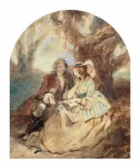 La lecture galante by Eugène Lami, Aquarelle gouachée sur traits de crayon, cintré en partie supérieure, sold Feb 2026