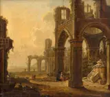 Caprice architectural animé de personnages by Christian Stöcklin, Huile sur panneau de chêne, une planche, sold Feb 2026