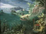 Paysage fluvial avec une chasse aux canards by Paul Bril, Huile sur cuivre, sold Feb 2026