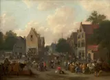 Marché animé dans un village avec une scène de Commedia Dell'arte by Matthijs Schoevaerdts, Huile sur toile, sold Feb 2026