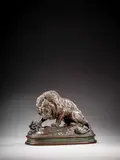 Lion au serpent n°1, seconde version by Antoine-Louis Barye, Bronze à patine brun vert rouge nuancé, sold Feb 2026