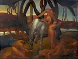 Cavalier faisant ses adieux aux baigneuses by Roger Parent, Huile sur toile (Toile d'origine), sold Feb 2026
