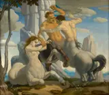 Centaurs" (Centaures) by Harry Morley, Huile sur toile (Toile d'origine), sold Feb 2026