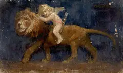 L'Amour chevauchant à dos de lion by Tadeusz Styka, Huile sur panneau, sold Feb 2026