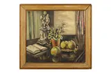Still life apples and plant and porcelain group on a table signed and dated 1932 oil on canvas by S Armstrong, 1932, oil on canvas, offered Aug 2020