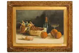 R.I.(19th / 20th CENTURY) 'Still life with bottle of champagne, glass, oranges and a pineapple in a basket' signed and dated 1889 by Arthur Dudley, 1889, watercolour, offered Jul 2020
