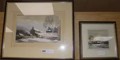 2 watercoloursWinter in the Dales and A Kentish Oast in WintersignedLargest by William Wyatt, watercolor, sold Oct 2017