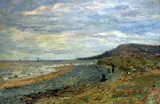 Coastal landscape with figures on the shore by John Buxton Knight, oil on canvas, sold Oct 2017