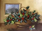 Still life of holly in a basket by Geoffrey A. Rock, oil on canvas, sold Oct 2017
