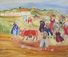 Biqurin' (First Fruit)signed and dated 1956, Mercury Gallery label verso19.5 x 23in by Moshe Maurer, 1956, oil on board, sold Oct 2017
