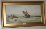 Fishing boats on a rough sea off a harbour, 48 x 100cm by Robert Malcolm Lloyd, watercolour, sold Oct 2017