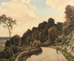 Figures on a rural roadway with autumnal trees and villa in the background, a landscape with sea unfolding in the distance by Herbert Hughes-Stanton, 1930, oil on canvas, offered May 2026