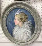 The feathered hat by Thomas Brown Yates, oil on board, offered Oct 2025