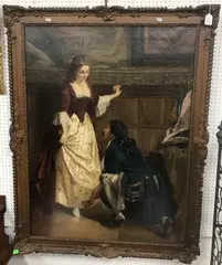 Gentleman fitting shoe to young woman by oak panelling by Walter Dendy Sadler, oil on canvas, sold Jul 2025