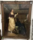 Gentleman fitting shoe to young woman by oak panelling” oil on canvas, unsigned, 112cm x 82cm by Walter Dendy Sadler, oil on canvas, sold May 2025