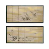 The Peach Blossoms Spring by Okamoto Toyohiko, Ink, soft colors and gold on paper, in the format of a pair of six-panel folding screens, both signed with a seal, sold Apr 2026