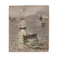 Marina by Gaetano Esposito, Oil on plywood, signed and dated lower left recto, on the reverse stamp 'Galleria La Barcaccia, Naples', sold Oct 2025