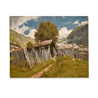 Casolari a Champoluc by Giuseppe Gheduzzi, Oil on board, signed lower right recto, on the reverse label of Galleria d'Arte Bottoni, Turin, sold Oct 2025