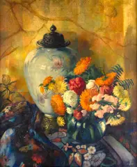 Still life with summer flowers by Frank C. Kirk, oil on canvas, sold Jun 2012