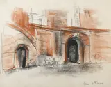 Dome and bell tower; Two entryways; House with colonnade; Fishermen pulling in the nets (group of four) by Gene Frances Baker McComas, first pastel and pencil on paper; second charcoal and pastel on paper; third pastel and pencil on paper; fourth pastel a, offered Nov 2011