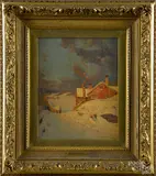 winter landscape by Svend Rasmussen Svendsen, oil on board, sold Jun 2015