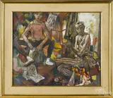 self portrait of the artist and his son in his studio by Henry Pitz, gouache, sold Jun 2015
