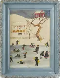 winter landscape with Amish children skating on a pond by Claire Harvan, oil on board, sold Jun 2015