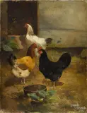 barnyard scene with chickens by Nicholas Winfield Scott Leighton, oil on canvas, sold Apr 2015