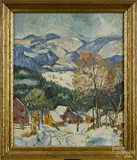 winter landscape by Ollie M. Kuns, oil on board, sold Apr 2015