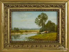 landscape with a stream and cows by Clinton Loveridge, oil on board, sold Apr 2015